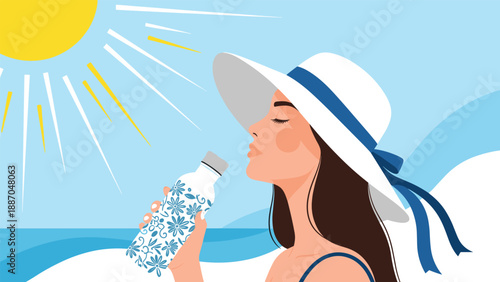 Beautiful woman in a sun hat drinking from a decorative water bottle while relaxing on a sunny beach near the ocean waves.
