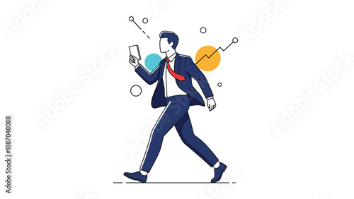 Businessman walking forward while checking data charts on his tablet for mobile work and productivity concept.