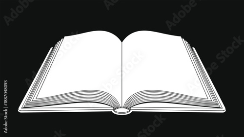 Simple line drawing illustration of an open blank book with white pages isolated on a solid black background for concept ideas.