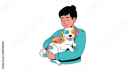 Man showing affection by hugging his happy colorful dog in a heartwarming scene of pet ownership and companionship.