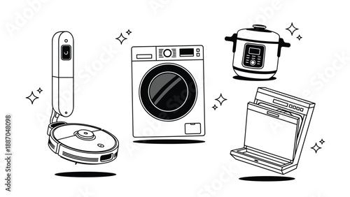 Collection of modern household electronic appliances including a robot vacuum washing machine rice cooker and dishwasher icons.