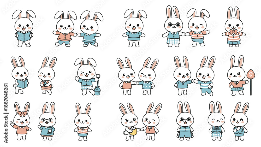 Obraz premium Large collection of cute cartoon white rabbit characters performing different daily activities and wearing outfits.