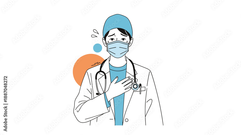 Fototapeta premium Stressed female doctor wearing a medical mask and white coat showing signs of anxiety, fatigue, or work pressure.
