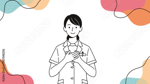 Smiling female healthcare worker in white uniform placing her hands over her heart to show compassion and care.