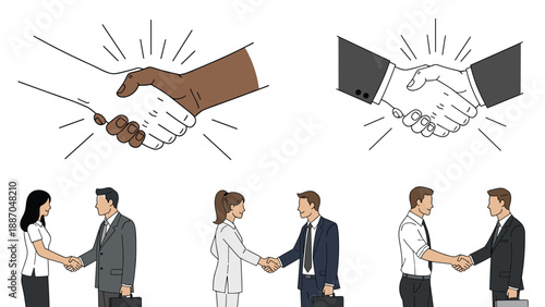 Collection of business handshake illustrations featuring diverse professionals making deals and establishing partnerships.