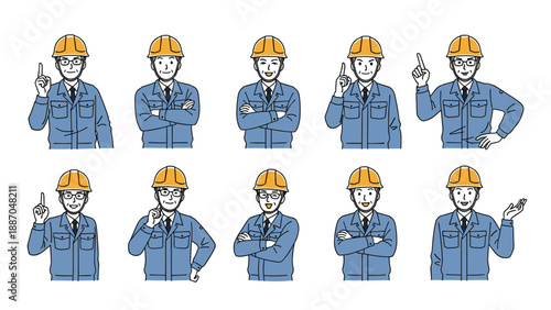 Large set of ten character illustrations featuring male construction workers in various professional poses and gestures.
