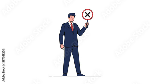 Worried businessman in a formal suit holding up a cross sign to indicate an error, rejection, or incorrect answer.