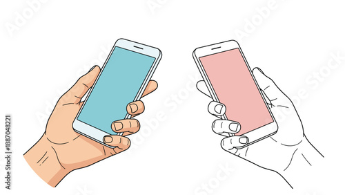 Pair of hands holding modern smartphones with blank blue and pink screens against a clean white background for copy.