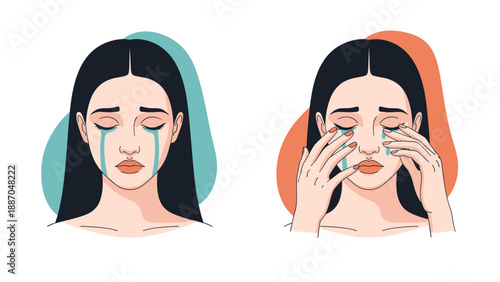 Emotional illustration of a young woman crying with blue tears and wiping her eyes showing sadness and grief.