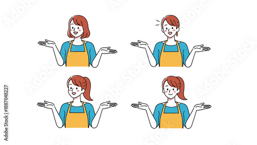 Cheerful woman in a kitchen apron showing different hairstyles and presenting information with open hand gestures.