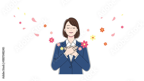 Peaceful businesswoman closing her eyes with hands on her chest while surrounded by beautiful floating spring flowers.