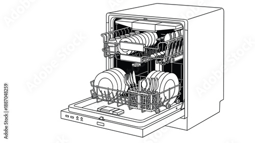Detailed line drawing of an open dishwasher fully loaded with various clean dishes, plates, glasses, and silverware.