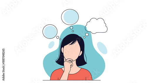 Back view of a young woman thinking with multiple blank thought bubbles for creative ideas, plans, or messages.