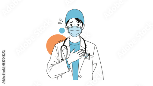 Stressed female doctor wearing a medical mask and white coat showing signs of anxiety, fatigue, or work pressure.