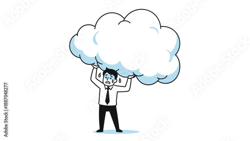 Stressed businessman in a white shirt and tie struggling to carry a heavy giant cloud representing pressure or burden.