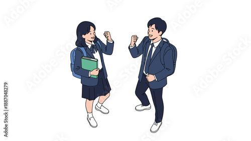 Happy high school girl and boy in uniforms cheering with raised fists to celebrate academic success or graduation.