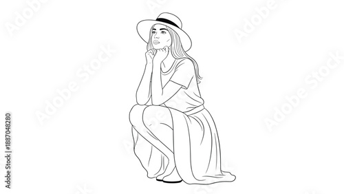 Artistic line drawing of a young woman wearing a sun hat and long dress crouching while looking up thoughtfully.