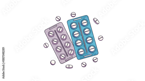 Two blister packs of pharmaceutical pills and scattered white round tablets representing medicine or healthcare.