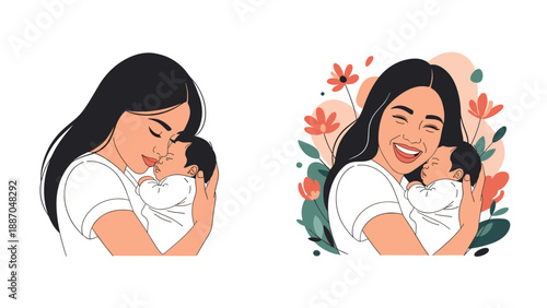 Loving mother holding her baby in two different styles featuring a peaceful pose and a joyful floral version.