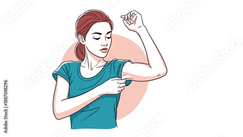 Concerned woman in a green shirt checking her upper arm area for skin tone, muscle fitness, or fat concerns.