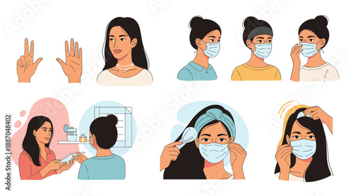 Woman demonstrating correct face mask usage and counting on fingers for health safety guidelines and hygiene education.