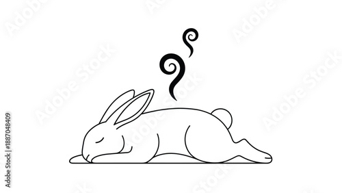 Simple line drawing of a rabbit sleeping peacefully on the ground with smoke or dream symbols above it against a plain white background.