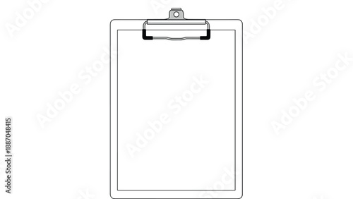 Simple illustration of a blank clipboard with a metal clip on a white background for checklists, surveys, or office organization.