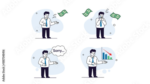 Set of illustrations depicting a businessman experiencing financial loss, regret, and a downward economic trend.