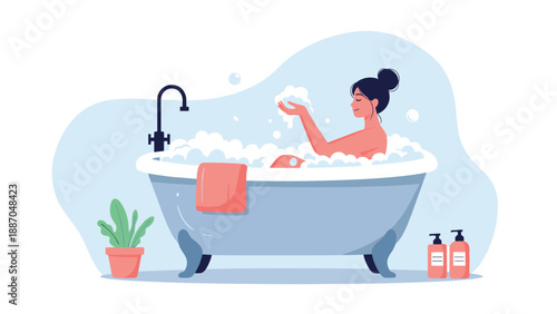 Relaxed young woman taking a soothing bubble bath in a classic clawfoot tub for self care and wellness themes.
