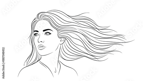 Elegant line art portrait of a beautiful woman with long flowing hair blowing in the wind on a white background.