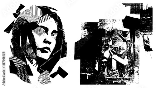 Abstract Black and White Portrait with Geometric Fragmentation and Halftone Textures