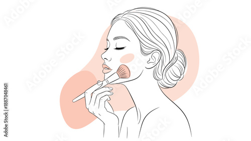 Profile view of a beautiful woman applying blush to her cheek with a makeup brush against an abstract background.