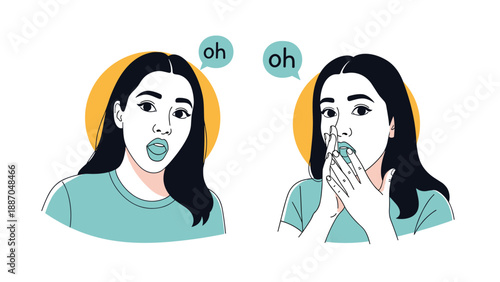 Young woman showing surprised and shocked expressions with her mouth open in two distinct pop art style illustrations.