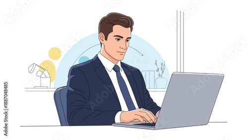 Professional businessman sitting at a desk and working intently on a laptop computer in a clean office environment.