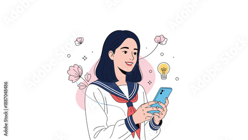 Happy high school girl in a sailor uniform using a smartphone with floating flowers and a light bulb symbol for ideas.