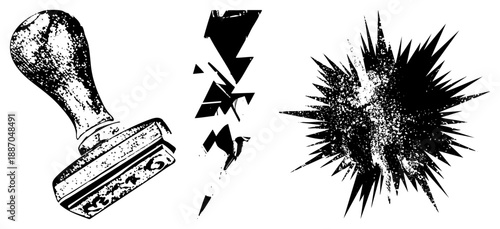 Vintage Stamp, Shattered Lightning Bolt, and Grunge Explosion Graphic Set