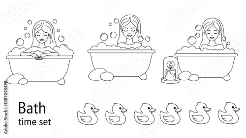 Set of line art illustrations featuring a woman relaxing in a bathtub and a row of rubber ducks for bath time themes.
