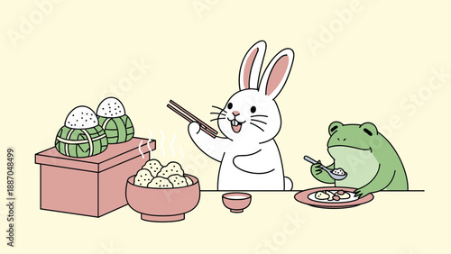 Whimsical illustration of a white rabbit and a green frog enjoying a traditional japanese meal together with rice and dumplings.