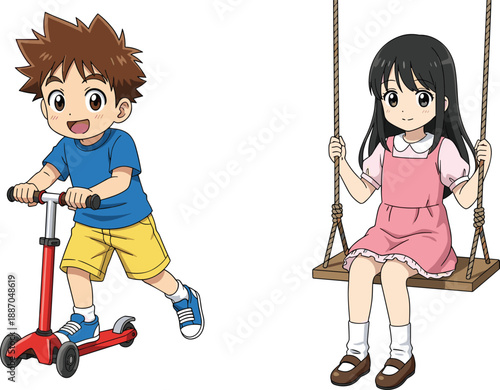 Children outdoor activity cartoon illustration, scooter and swing vector, playful scene design, black white childhood clipart artwork