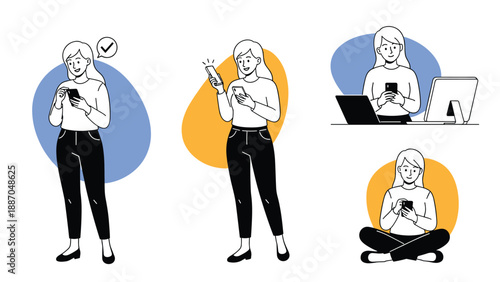 Multiple scenes of a young woman using her smartphone in various situations like working at a desk, standing, and sitting cross legged.
