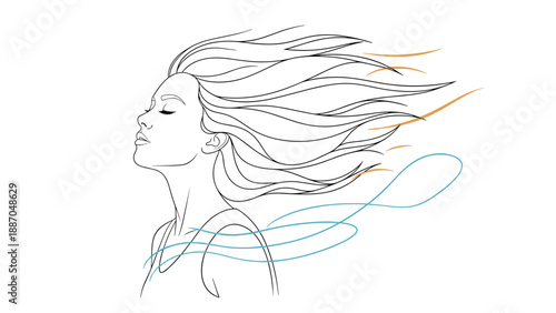Beautiful artistic profile of a woman with her eyes closed and long hair blowing gracefully in the wind, symbolizing freedom and serenity.