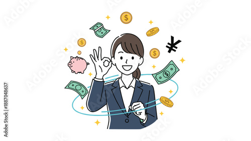 Cheerful business woman making an okay sign while surrounded by money icons, coins, bills, and a piggy bank representing financial success.