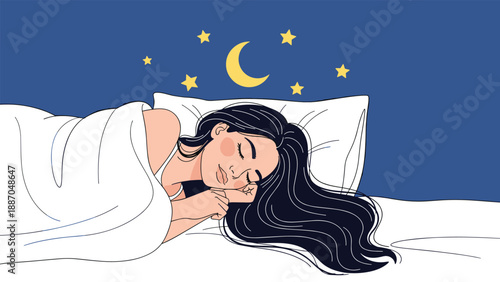 Young woman with long dark hair sleeping peacefully in a comfortable bed under a white blanket during a starry night with a crescent moon.