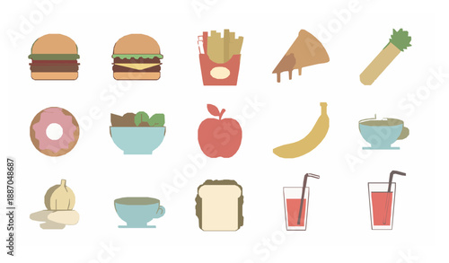 Cute Food Icon Vector Set with Fast Food and Healthy Lunch Meals