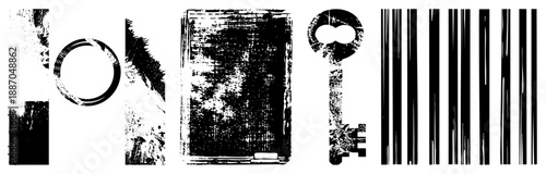 Grunge Styled Abstract Symbols Including Key and Barcode