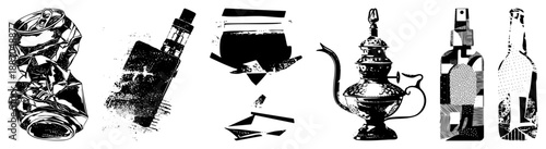 Crumpled Soda Can, E Cigarette, Broken Glass, Ornate Teapot, Bottles