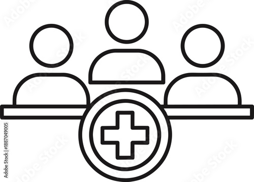 Team healthcare support icon with medical cross in flat outline vector style for community health and service design projects