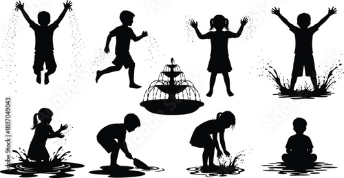 Children playing with water silhouette set, outdoor splash activity vector, fountain puddle fun illustration, black white artwork