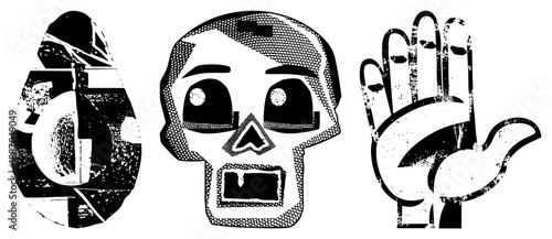 Stylized Skull, Hand, and Abstract Glyph Symbols in Halftone Vector Art