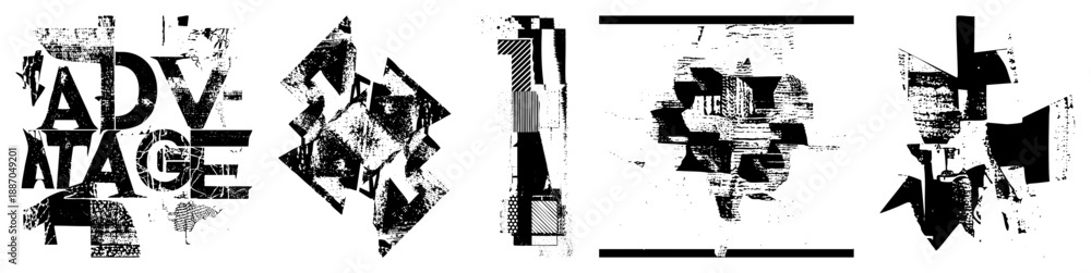 Naklejka premium Abstract Geometric Typography Art with Distressed Textures and Fragmented Shapes